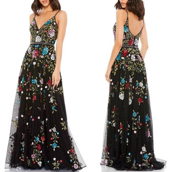 NEW Mac Duggal EMBELLISHED FLORAL SEQUINED GOWN 5400 BLACK MULTI - Picture 2 of 11